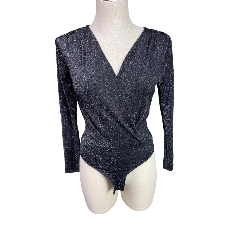 Ten Sixy Sherman Black & Metallic Silver Threading Cross Front Bodysuit XS